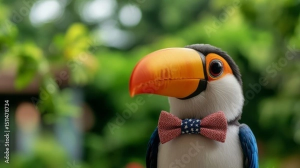Obraz Colorful Toy Toucan with Bow Tie in Natural Outdoor Setting Surrounded by Lush Greenery