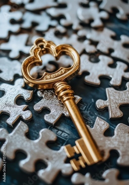 Obraz Golden key resting on scattered puzzle pieces, inviting mystery and intrigue in a serene indoor setting