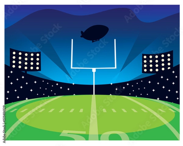 Obraz Vector illustration depicting an American football stadium at night, featuring a green field with yard lines, goalposts,