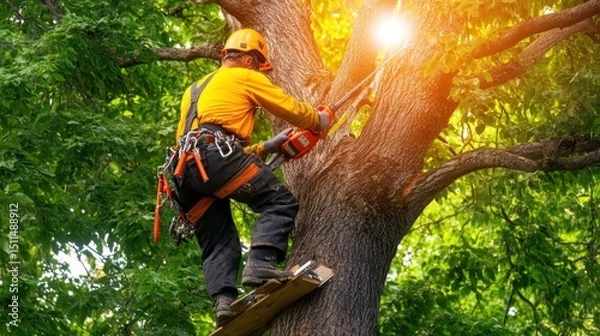 Obraz Arborist at Work: High-Altitude Tree Pruning