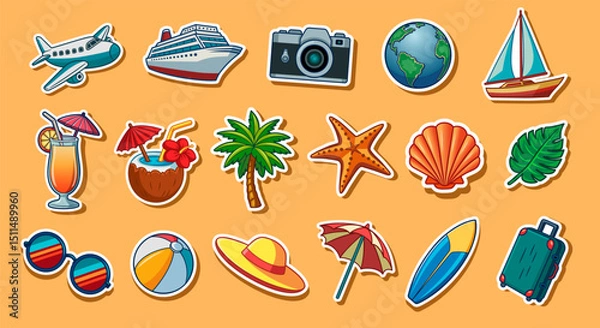Obraz Travel stickers illustrations set. Tourism and summer vacations. Vector cartoon stickers collection. Journey and tour. Graphic elements.
