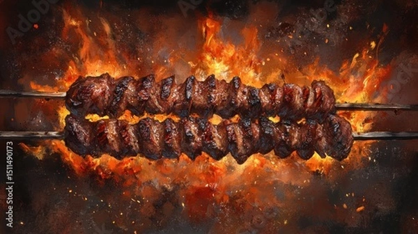 Obraz Flaming Grilled Meat Skewers: A Culinary Masterpiece