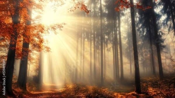 Obraz Sunbeams Dancing Through Autumn Forest Path
