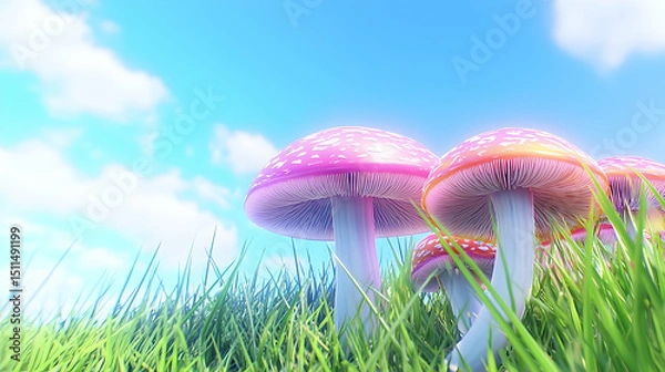 Fototapeta Pink And Red Glowing Mushrooms In Grassy Field Under Bright Sky