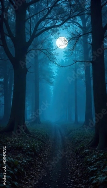 Fototapeta Mysterious, dark forest at night Moonlight filters through the dense canopy, illuminating the path and ancient trees Perfect for fantasy or horror themes , spooky, evergreen, gnarled