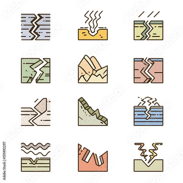 Fototapeta   Lineal Color vector icons of an earthquake, broken ground, seismic waves, stylized 