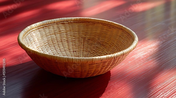 Obraz Simple Wicker Basket on Red Wooden Table with Natural Lighting