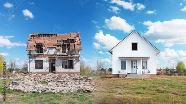 Obraz Transformation: From Ruin to Renewal. A captivating before & after showcasing the remarkable journey of a house undergoing complete renovation, from a dilapidated state to a stunning, modern dwelling.