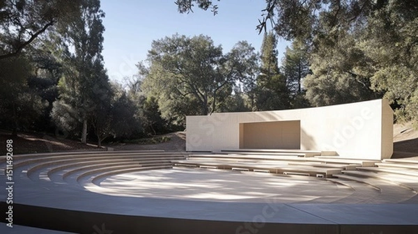 Obraz Modern Outdoor Amphitheater nestled in a lush green landscape, sunlight illuminating the beige stage and circular seating.