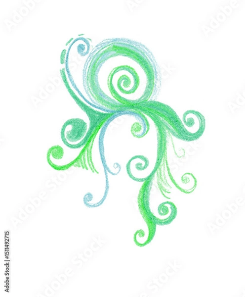 Fototapeta Decorative pattern of curls, circles, lines. Drawn with colored pencils. Delicate shades of blue, turquoise, green. White background. Spirals, rounded lines of different thickness, shape. Gradients.