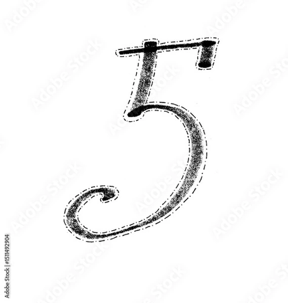 Fototapeta Number five doodle lettering. Isolated on white background. Textured gradient of gray and black. The outline of number consists of alternating thin lines and dots. Birthday, anniversary, celebration