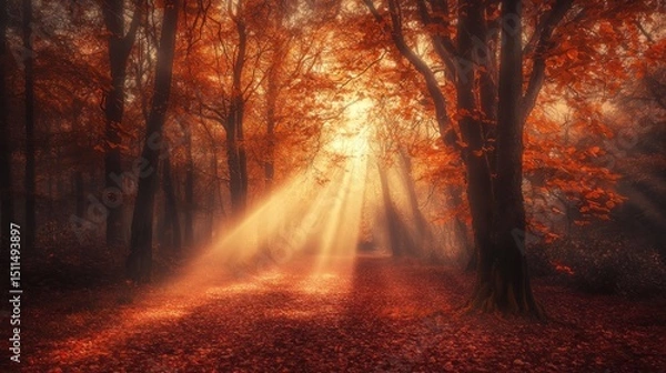 Obraz Autumnal Enchantment: Sunbeams Dancing Through a Misty Forest