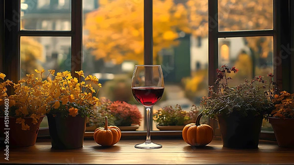 Obraz Cozy Autumn Window Scene With Wine Glass and Pumpkin Decorations