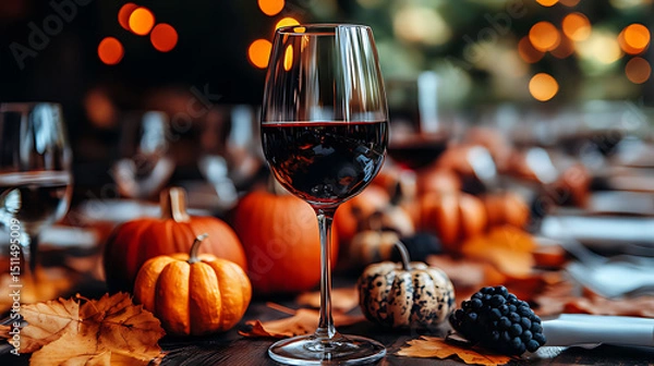 Obraz Elegant Autumn Table Setup With Pumpkins and Wine Glass