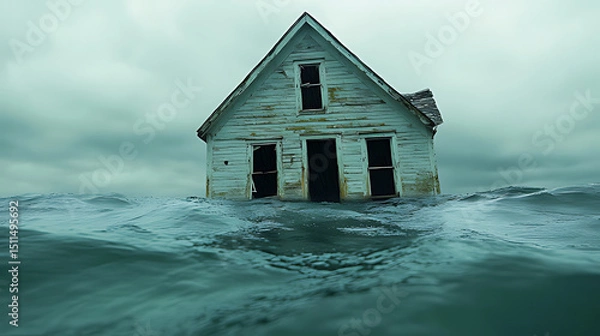 Obraz Abandoned House Submerged in Water with Cloudy Sky in Background