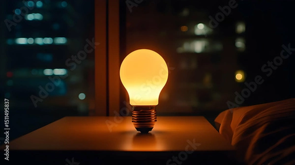 Fototapeta Illuminated Light Bulb On Nightstand