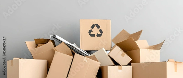 Fototapeta Pile Of Cardboard Boxes With Recycling Symbol