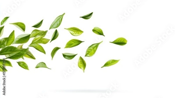 Obraz Floating Green Tea Leaves: A Serene Herbal Infusion