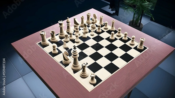 Fototapeta Chess Game On Tabletop With Illuminated Pieces