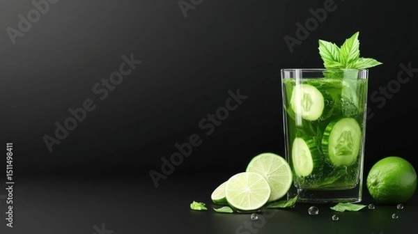 Fototapeta Refreshing Cucumber Lime Basil Drink Recipe