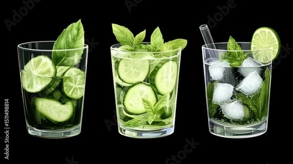 Obraz Refreshing Cucumber & Mint Summer Drinks: A Trio of Cool, Zesty Beverages Perfect for a Hot Day