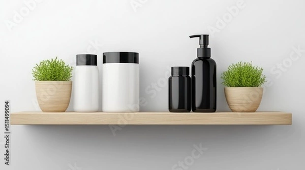 Obraz Minimalist Bathroom Shelf with Black and White Bottles and Plants