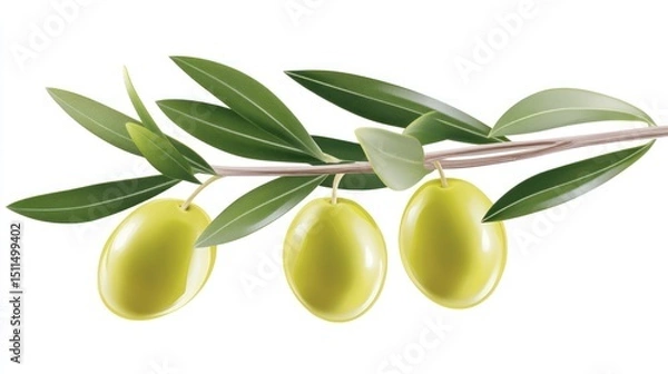 Obraz Three Green Olives on a Branch with Lush Leaves: A Vibrant Image of Nature's Bounty