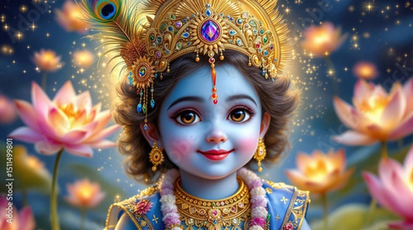 Fototapeta Ultra-detailed fantasy painting of a divine child Lord Krishna with a soft blue complexion, large expressive eyes, and a sweet, enchanting smile.