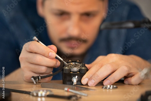 Fototapeta man performing a precision repair on a watch