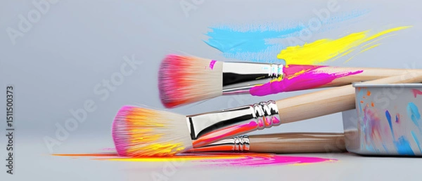 Fototapeta Multicolored Paintbrushes With Splatters