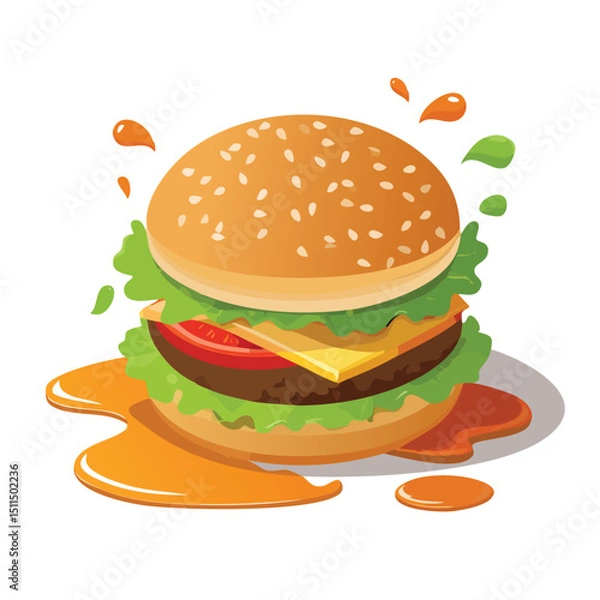 Fototapeta Veggie Burger with Sauce Splash creative isometric illustration with layered dimension and depth cues.