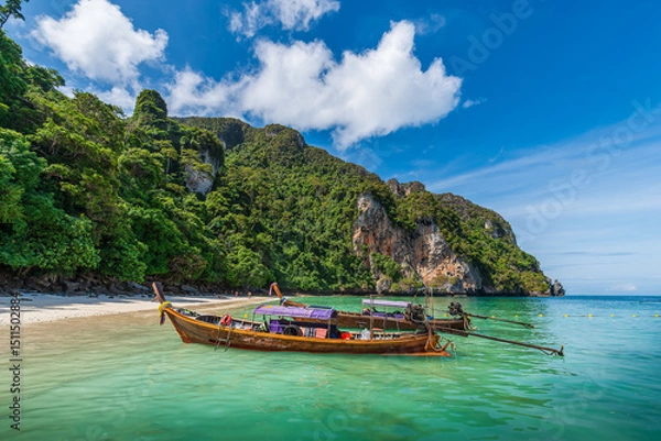 Fototapeta Traditional long tail boat on famous Monkey beach, Phi Phi Islands, Thailand