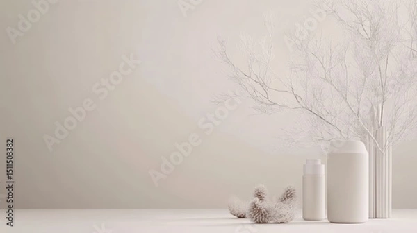 Obraz Serene White Minimalist Still Life:  A Tranquil Composition of  Clean Lines and Soft Textures, Featuring White Decor and Subtle Natural Elements.