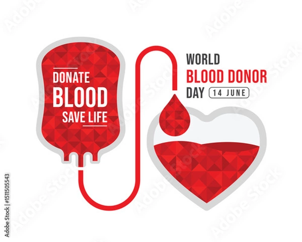 Fototapeta World blood donor day - Red Blood bag stream drop blood to heart shape with low poly triangle texture vector design
