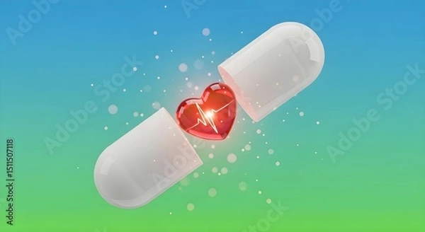 Obraz Pill capsule splitting open to reveal a glowing heart symbol with a heartbeat line in a vibrant sky background
