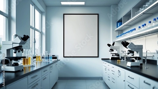 Obraz Laboratory with a white wall and black counters