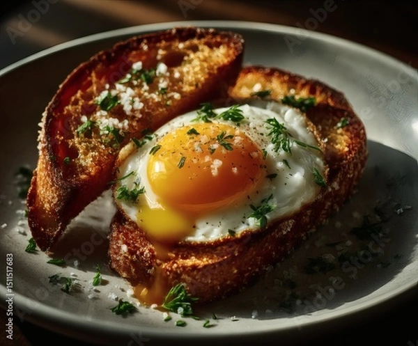 Fototapeta Breakfast meal featuring egg and bacon on toast overhead view