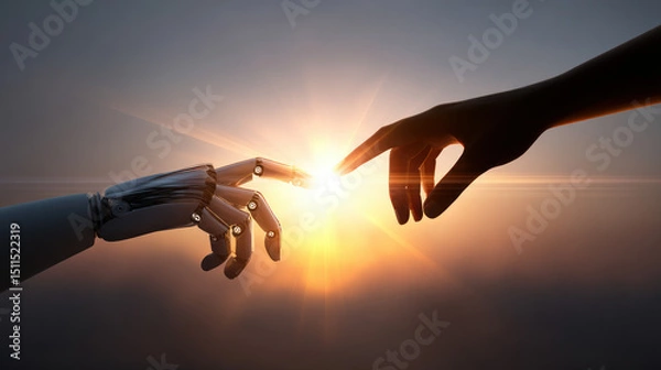 Obraz A man's hand touches a robot's hand against a background of lights. Artificial Intelligence, Futuristic Digital Technology, Metaverse of Digital Intelligent World