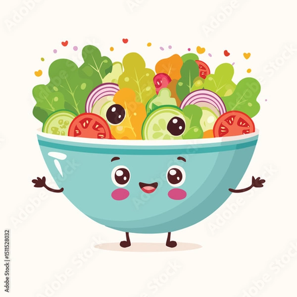Fototapeta Salad bowl in cute cartoon character style with expressive face and limbs.