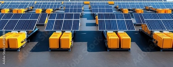 Obraz renewable energy power plant aerial highlighting hybrid system with battery storage units and renewable generators, technical layout with cinematic top light