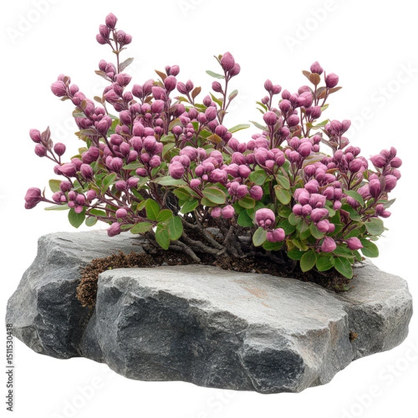 Fototapeta Delicate pink flowering shrub perched on gray rock creating a captivating composition