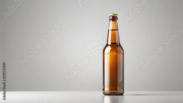 Fototapeta A single brown beer bottle isolated on a clean white surface with a neutral background