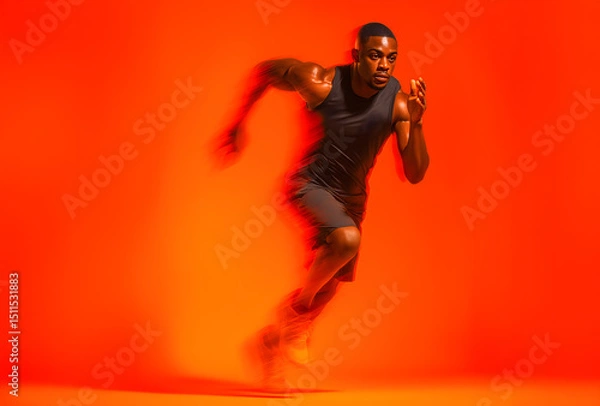 Obraz A photo of male runner running in a beautiful pose with a blurred motion at a fast pace against a bright orange gradient background. Commercial sports photography style.