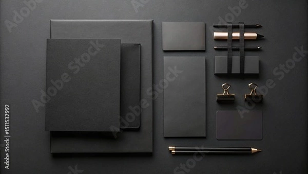 Fototapeta Elegant black stationery mockup featuring notebooks, pens, business cards, and clips on a dark background