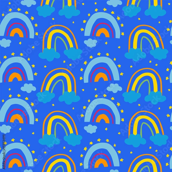 Fototapeta Cute childish style seamless pattern with rainbow on blue background