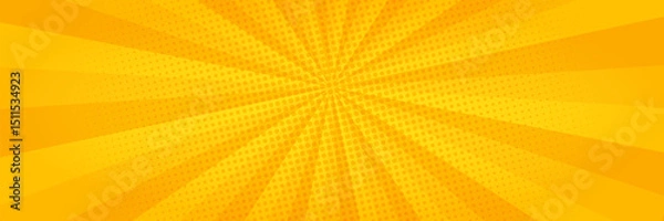 Fototapeta Bright yellow pop art background. Comic style sun burst with halftone dots