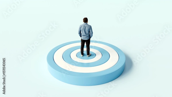 Obraz Man Standing on Bullseye Target Platform - Precision, Success, and Goal Achievement, 3D Render