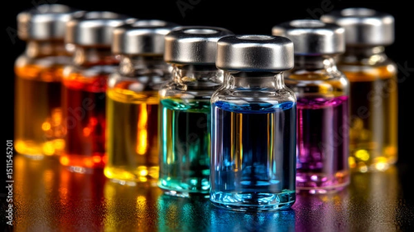 Fototapeta Colorful laboratory vials aligned on a reflective surface.