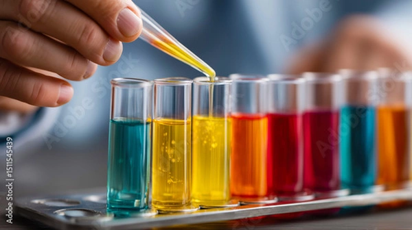 Fototapeta Colorful test tubes in laboratory with pipette and hands