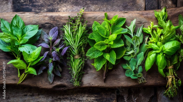 Fototapeta Fresh assorted herbs on rustic wooden background for culinary use.